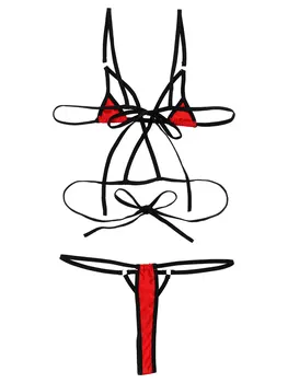 Biquini Lingerie Conjunto das Mulheres Erótica Gostosa Terno de Tiras Lace-Up Anel Ajustável de alcinhas do Sutiã Tops com G-corda Cuecas 1
