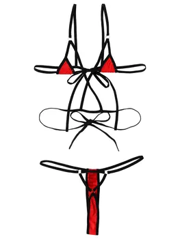 Biquini Lingerie Conjunto das Mulheres Erótica Gostosa Terno de Tiras Lace-Up Anel Ajustável de alcinhas do Sutiã Tops com G-corda Cuecas 2