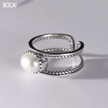 BOCAI Novo Real Puro S925 de prata mulher anel de jóias de moda retro matte double-círculo padrão de tecido anel de pérola de água doce