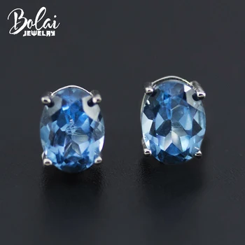 Bolai Londres topázio azul brincos real 925 prata esterlina criado oval gemstone jóias para as mulheres garota simples bacis estilo