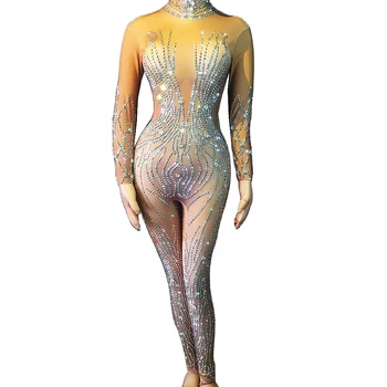 Brilhante Diamante Nude Apertado Elástico Mulheres Macacão De Boate, Dança Do Poste Elastano Bodysuit Fase De Desgaste Cantor Desempenho Fantasias