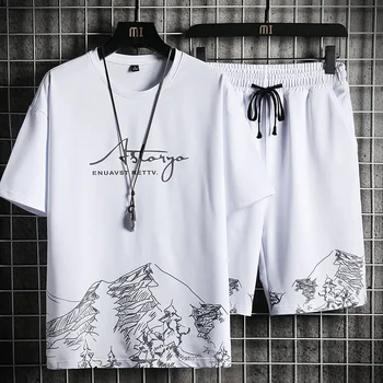Camiseta + Shorts de Verão Respirável Casual T-shirt Conjunto com a Moda Harajuku Impresso Masculino Esporte Terno 2022 Novo