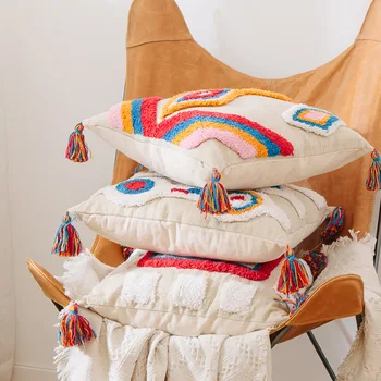 Capa de almofada Almofada de Pelúcia Geométricos feitos à Mão, de Borla fronha de Travesseiro Bordado Cobrir a Decoração Home Boho Travesseiro 2