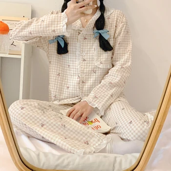 Cereja Xadrez Outono Pijama Conjunto De Mulheres Coreano Único Breasted Camisas + Calça Conjunto De Duas Peças De Casa De Terno Kawaii Casual Sleepwear