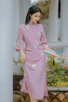 Cheongsam Jovens Versão Diária Roxo Delicado Vestido Elegante Para As Mulheres 2021 Bordado De Flores Retro Bodycon Vestido 1