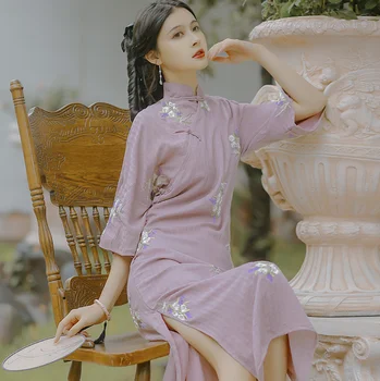 Cheongsam Jovens Versão Diária Roxo Delicado Vestido Elegante Para As Mulheres 2021 Bordado De Flores Retro Bodycon Vestido 2