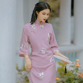 Cheongsam Jovens Versão Diária Roxo Delicado Vestido Elegante Para As Mulheres 2021 Bordado De Flores Retro Bodycon Vestido 4