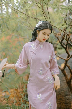 Cheongsam Jovens Versão Diária Roxo Delicado Vestido Elegante Para As Mulheres 2021 Bordado De Flores Retro Bodycon Vestido 5