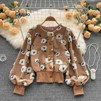 Chique Vintage Flores em 3D Mulheres Jaqueta de Moda Ins O Pescoço de Manga Longa, Casacos coreano Doce Breasted Único Casaco 2022 Outono de Novo 3