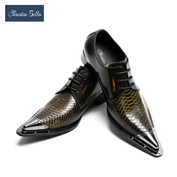 Christia Bella Estilo italiano Dedo Apontado Lace-up Homens do Escritório de Negócios de Sapatos de Cobra de Grãos de Couro Genuíno Homens Festa de Oxford Shoes