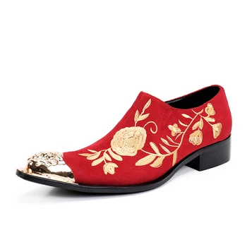 Christia Bella Luxo Bordado De Flores Camurça Vermelha Homens De Casamento Sapatos De Metal Pontiagudo Dedo Do Pé Do Homem Banquete De Vestido De Festa De Sapatos 3
