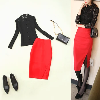 Conjunto feminino de renda preta stand colarinho temperamento elegante Magro de camisa forro + vermelho de alta saco da cintura quadril saia elegante, de duas peças