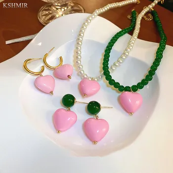 Cor-de-rosa pingente de um Colar de Pérolas 2022 Novo design requintado simples clavícula colar de correspondência de cores concebido para mulheres brincos necklac 0