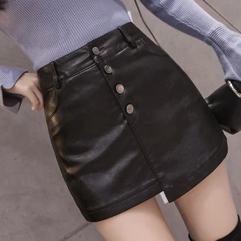 Couro do PLUTÔNIO de saia curta mini mulheres de outono 2020 novas coreano de cintura alta irregular botões frontais shorts 0