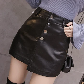 Couro do PLUTÔNIO de saia curta mini mulheres de outono 2020 novas coreano de cintura alta irregular botões frontais shorts 3