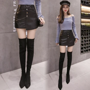 Couro do PLUTÔNIO de saia curta mini mulheres de outono 2020 novas coreano de cintura alta irregular botões frontais shorts 4