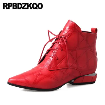 Couro Genuíno Robusto Dedo Apontado Inverno Laço Frontal Casual Tornozelo Botas Outono Sapatos Vermelhos Botas De Peles De Mulheres Britânicas 2021