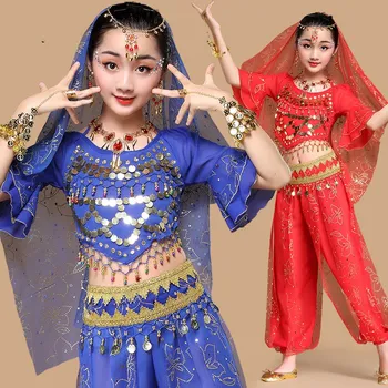 Crianças de Dança Indiana Traje Meninas de Dança do Ventre, Conjuntos de Dança Oriental Nacional de Desempenho Traje de Bollywood Dance usar 3 Cores