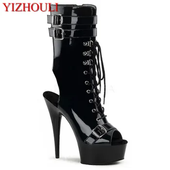 Custom-made de 15 a 17 cm de salto alto estágio de sapatos, elegante frente de lace-up boots, 6 polegadas modelo de banquete passarela ankle boots