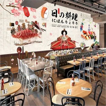 Custom Vintage Japonês Ukiyo-e Caracteres de Alimentos 3D Mural de Parede Sushi Restaurante de Cozinha Industrial Hotel de Decoração de Papel de Parede 3D