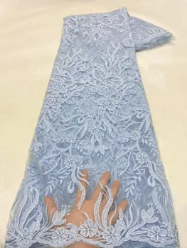 Céu Azul 5 Metros Africana Tecido de Renda francesa Bordado de Malha de Renda Nigéria Malha para o Casamento, Festa de Formatura Vestido de Alta Qualidade HMX5326