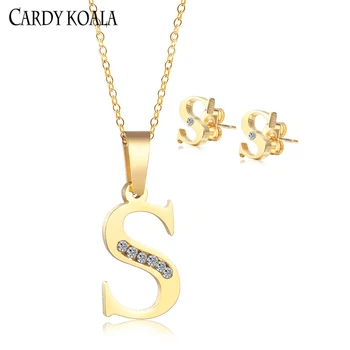 De aço inoxidável de capital letra S com zircão simples e elegante colar de ouro do brinco conjunto