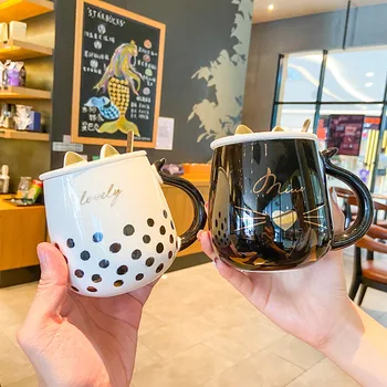 De desenhos animados gato bonito barriga grande taça de cerâmica com tampa colher de preto e branco, casal mark office café