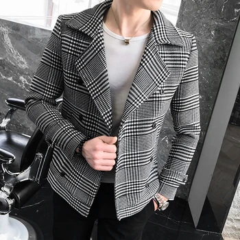De lã casaco mens 2019 novo double-breasted trench coat coreano tendência de seleção retro tartan casaco de moda fino de pêlo curto mens vestuário