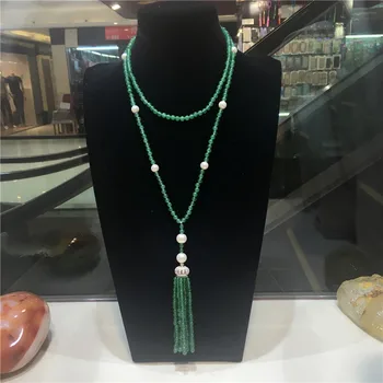 De mãos atadas longo verde natural de pedra branca, pérola de água doce micro embutimento zircão fecho de borla colar de jóias de moda