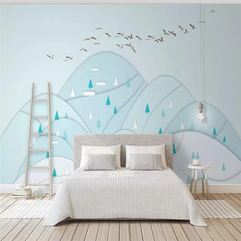 Decorativos, papel de parede Nórdicos simples estilo individual paisagem aves geometria de luz azul na parede do fundo 0