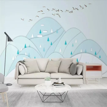 Decorativos, papel de parede Nórdicos simples estilo individual paisagem aves geometria de luz azul na parede do fundo 1