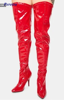 Dedo Apontado Botas De Couro De Patente Sobre O Joelho Finas De Calcanhar Longas Botas De Vermelho Preto De Inverno De Calçados Femininos Casual, Sexy Calçados Em Tamanho Grande 2