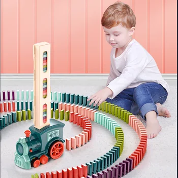 Domino Trem de Brinquedo com 60PCS Domino Blocos Automática Domino Imposição Trem Elétrico com Som de Crianças de Construção e Brinquedos de Empilhar