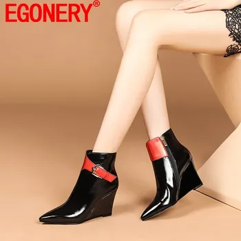EGONERY Drop Shipping Tornozelo Botas de Inverno Estilo as Mulheres Sapatos de bico Patente de Couro Genuíno de Alta Calcanhar Cunhas de Moda de Calçado