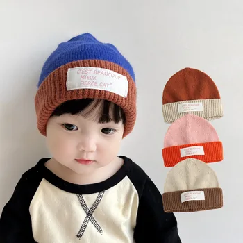Estilo coreano crianças chapéu de malha cor dos doces meninos e meninas de correspondência de cores da moda estrangeira pulôver de chapéu de chupeta chapéu 45-50cm