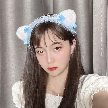 Estilo coreano Doce de Bolinhas Lace Lolita Cabeça Adorável Gatinho de Pelúcia Ouvidos Pompom Bowknot Cabelo Aro Anime Cosplay Festa Y1AC 1