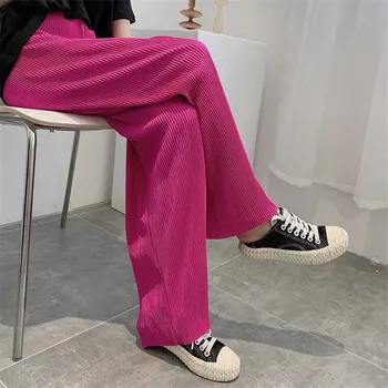 Estilo Coreano Mulheres Sólido Vintage Calças De Perna Larga, Calças De Cintura Alta Casual Solta Reta Calças Compridas - 8 Cores