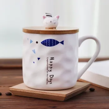 Estilo japonês bonito do gato dos desenhos animados criativo feminino caneca de cerâmica com tampa Personalizada de leite de copo para crianças de pequeno-almoço caneca