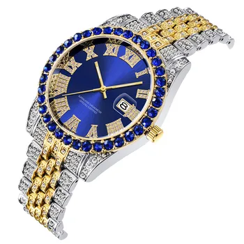 Exclusivo Legal Hip Hop Completo Do Diamante Relógios De Homens De Marca De Luxo De Moda Faixa Da Liga Calendário Relógio De Quartzo Reloj Hombre Acero Inoxidable
