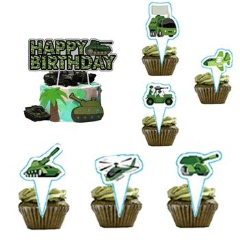 Exército Verde Camuflagem Bolo Topper Para O Tema Militar Decorações Do Partido Menino Festa De Aniversário De Suprimentos Camo Tanque De Cupcake Topper