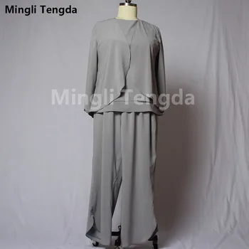 Feito a Mãe da Noiva Vestidos com Jaqueta de Mingli Tengda Cinza com Três peças de Calças de Ternos de Casamento Vestido de Festa Plus Size