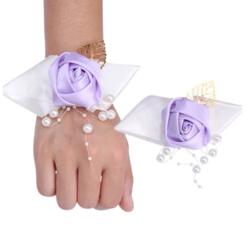 Feito a mão da Noiva Wrsit Corsages Wristlet Flor Pérola de Cetim Rosa DIY Pulseira de Dama de honra Handband fontes do Casamento D643