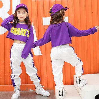 Filhos Legal Hip Hop Roupas de Moletom Crop Top de Manga Longa Camisa Branca Jogger Streetwear Calças para Meninas Dança Jazz Roupas 2