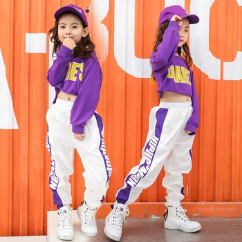 Filhos Legal Hip Hop Roupas de Moletom Crop Top de Manga Longa Camisa Branca Jogger Streetwear Calças para Meninas Dança Jazz Roupas 3