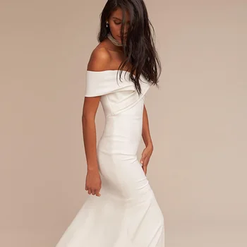 Fora o Ombro de Casamento de Praia Vestidos de 2021 Vestido Noiva de Praia Simples de Cetim Branco Casamento Vestido de Noiva Boho Mariee 3