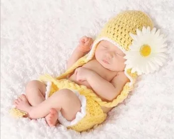 Fotografia de recém-nascido Adereços Artesanais Chapéu de Malha de Crianças do Bebê de Fotografia Fotos de Roupas dos Cem Dias do Bebê flor Amarela traje 0