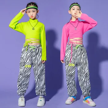 Garoto de Hip Hop Roupas Laço Crop Top de Manga comprida T-Shirt de Streetwear de Impressão de Zebra Jogger Calças para Meninas Dança Traje de Roupas