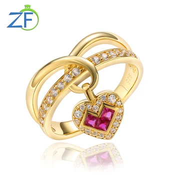 GZ ZONGFA Pura 925 Silve de Suspensão Coração Anéis para as Mulheres, Criada Ruby Ouro 14K Plated Moda Jóias Finas