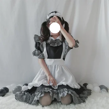 Halloween Jogo de Anime Macio Menina Doce Bonito Lolita Empregada Conjunto Preto e Branco Xadrez Vestido de Princesa Desempenho Roupas 3