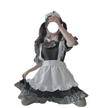 Halloween Jogo de Anime Macio Menina Doce Bonito Lolita Empregada Conjunto Preto e Branco Xadrez Vestido de Princesa Desempenho Roupas 4